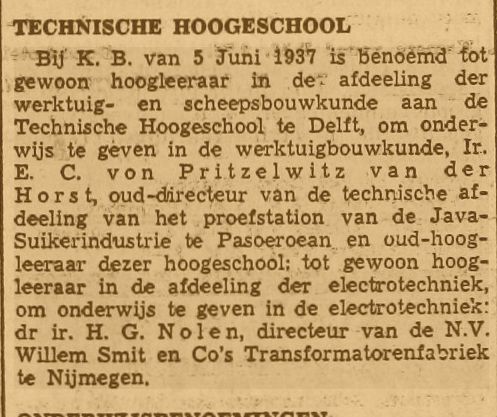 Benoeming Hoogleraar Nolen 1937