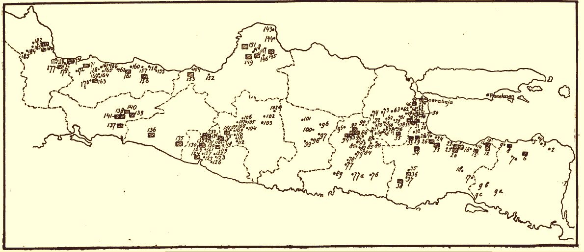 Kaart suikerfabrieken op Java in 1932