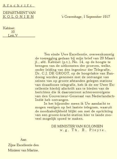 Brief Dep. van Kolonien 01-09-1917