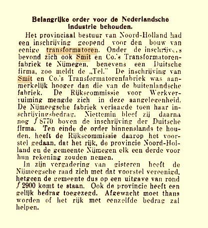 Order voor Nederlandse industrie behouden (Smit Trafo 1938)