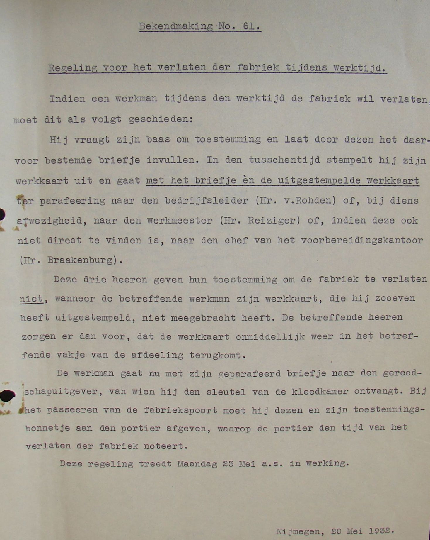 Prikbordmededeling 30-05-1932 met o.a. Rohden en Reiziger