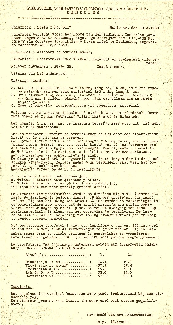 Laboratorium rapport uit 1938 m.b.t. laselektroden voor Bandung (1938)