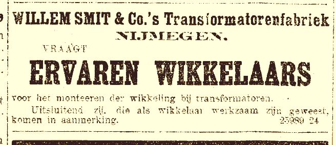 Willem Smit & Co's Transformatorenfabriek zoekt ervaren wikkelaars (NRC 29-05-1915)