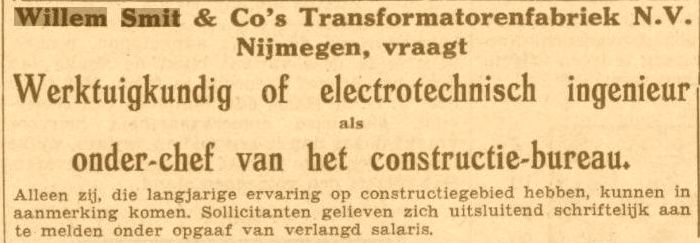 Constructeur gevraagd bij Willem SMit in 05-11-1938
