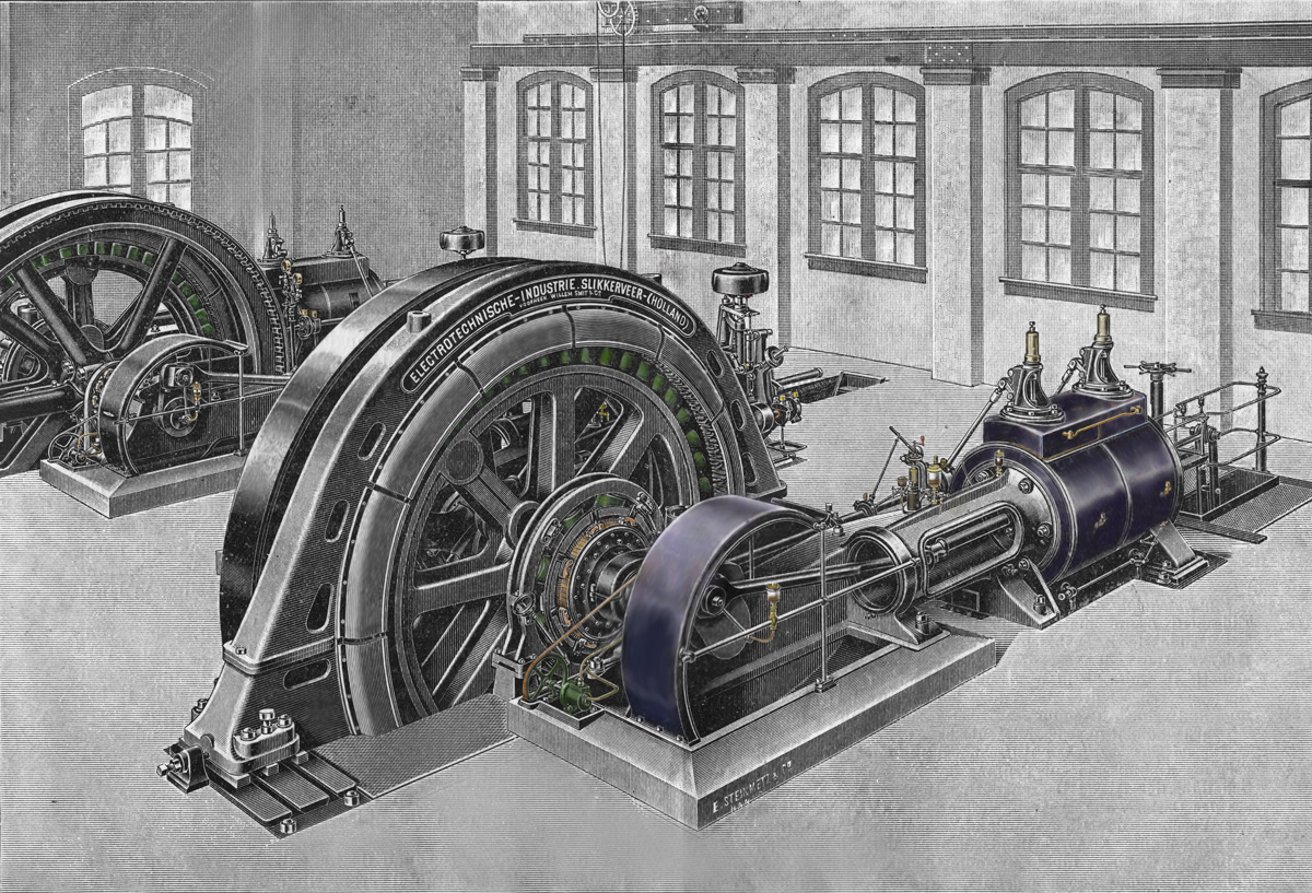 Machinekamer Wilton met machine Smit Slikkerveer 1900